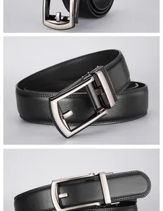 Detailed views of men's black leather belt featuring zinc alloy automatic buckle and texture