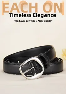 Detail of black top grain cowhide leather belt with polished silver alloy buckle