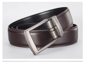 Close-up of brown leather belt with fine stitching and brushed metal square pin buckle