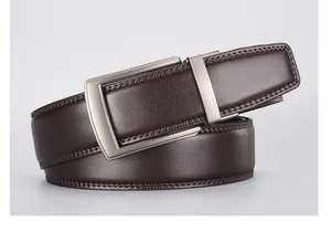 Detail of dark brown leather belt with matte silver automatic buckle and fine stitching