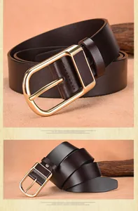 Detail of dark brown leather belt with polished gold pin buckle for men