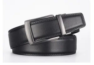 Close-up of the black leather belt with a matte gunmetal automatic buckle for men