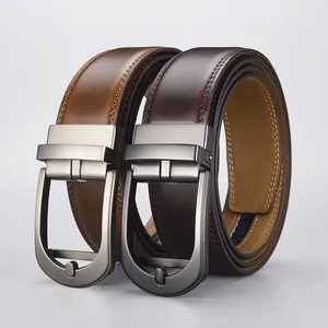 Men's genuine leather automatic buckle belts in light brown and dark coffee business style