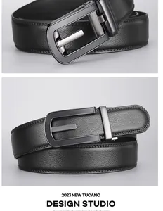 Close-up of litchi texture black leather belt and gunmetal brushed automatic buckle