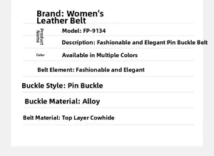 Detailed specifications for women's top grain cowhide leather belt with alloy pin buckle