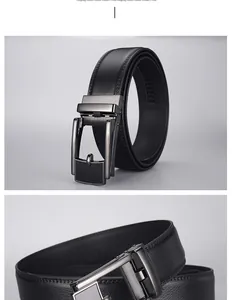 Detail view of premium black genuine leather belt with metallic automatic buckle for men