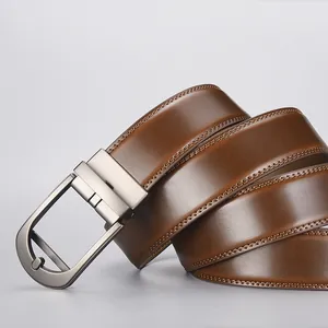 Men's brown leather belt with gunmetal automatic buckle and detailed double stitching