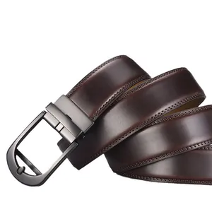 Men's brown genuine leather belt with gunmetal automatic buckle and double stitching