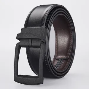 Men's business leather belt with matte black automatic buckle and brown inner lining