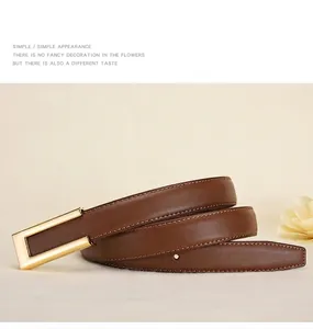 Close-up of premium brown leather belt with gold rectangle buckle and stitching detail