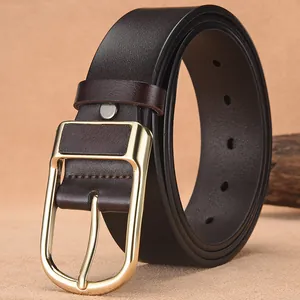 Classic men's brown leather belt with polished gold pin buckle and stitch edge