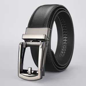 Men Business Ratchet Belt Split Leather Strap Automatic Alloy Buckle Litchi Texture Versatile Black Fashion Accessory For Work
