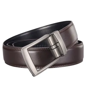 Men's dark brown leather belt with high-quality brushed metal rectangular automatic buckle