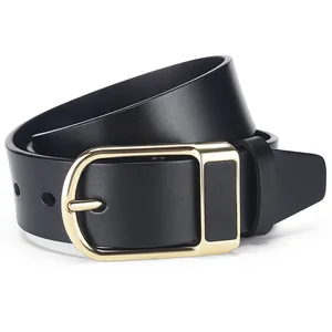 Minimalist black leather belt for men featuring a light gold U-shaped metal pin buckle