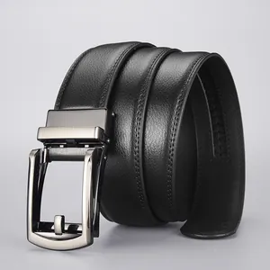 Men's premium black leather business belt with a brushed grey automatic metal buckle