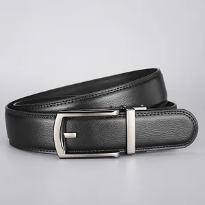 Classic men's black leather belt with automatic alloy buckle and litchi texture