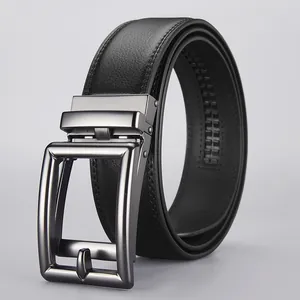 Men's premium black leather belt with a dark grey metal automatic ratchet buckle
