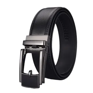 Men's premium black leather belt with automatic alloy buckle and contrast stitching