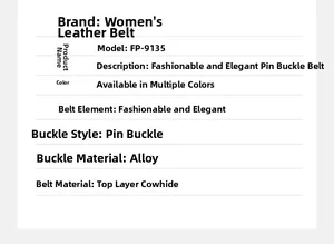 Detailed specifications of women's cowhide leather belt with an alloy pin buckle
