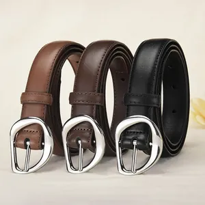 Women's leather belts in black and brown with unique geometric silver buckles