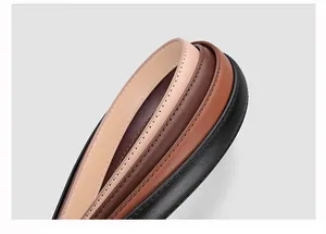 Detail of four cowhide leather belts with fine stitching in black, tan, coffee and beige