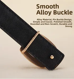 Detailed macro view of the premium black leather belt texture with golden alloy pin buckle
