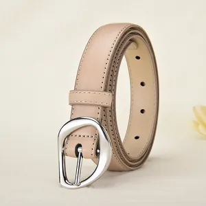 Elegant beige leather belt for women with stylish silver irregular buckle detail