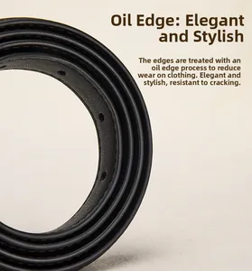 Close-up of black leather belt edges showing oil-sealed finish and textured grain