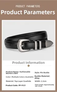 Detail specifications of black top grain leather belt with 2.3cm width and alloy pin buckle