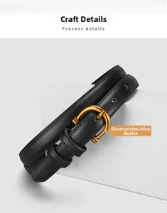 Detail of minimalist black cowhide leather belt with gold electroplated alloy buckle