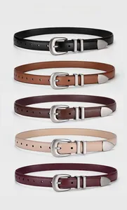 Detailed display of five colors of genuine leather belts with vintage silver pin buckles