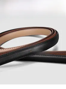 Detail of matte genuine leather belt with fine stitching and dual-color brown interior