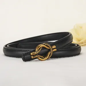 Cintura da Donna in Vera Pelle Sottile Con Fibbia a Nodo in Lega Vintage Cinturino in Vita Elegante Versatile per Jeans Abiti