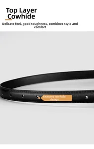 Detail of genuine cowhide slim belt showing fine leather texture and ten-hole design