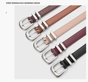Detailed view of five slim leather belts for women with silver brushed square buckles