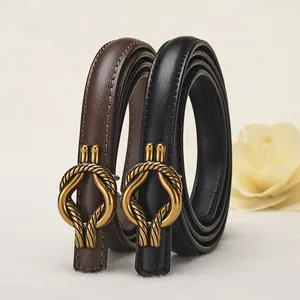 Cinture sottili in pelle da donna nero e marrone con fibbia a nodo oro antico