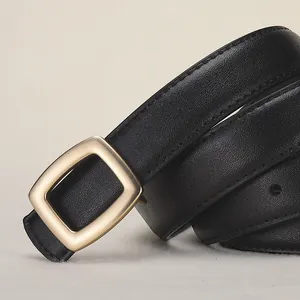 Classic black leather belt for women featuring a textured finish and matte gold square buckle