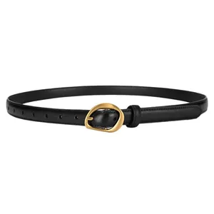 Women's black leather belt with a vintage gold irregular oval buckle and pin closure