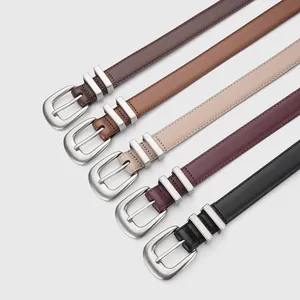 Five assorted colors of genuine leather belts with silver pin buckles for women fashion