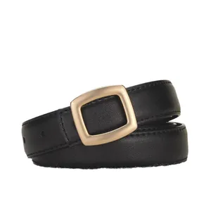 Women's minimalist black leather belt with a matte gold square buckle and litchi texture