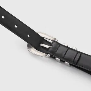 Classic black genuine leather belt for women with vintage silver pin buckle and neat stitching