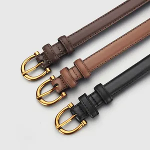 Genuine leather slim belts for women with gold D-shaped buckles in black and brown tones