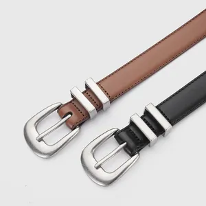 Genuine leather belts for women with silver D-shape buckles in black and brown