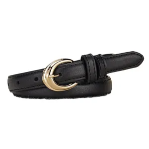 Minimalist black leather belt for women featuring a sleek gold crescent buckle