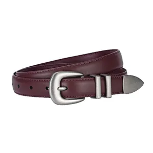 Classic dark red genuine leather belt with a vintage silver buckle for women's jeans