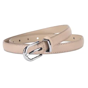 Schmaler Damen-Ledergürtel in Beige mit silberner D-Ring Schnalle und feinen Nähten