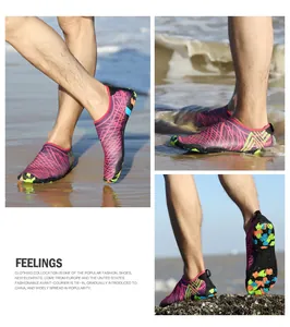 Tres vistas de zapatos de agua morados de secado rápido con suelas de goma antideslizantes