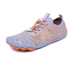 Outdoor barefoot water shoe in purple and grey with quick-lace system and grippy rubber sole