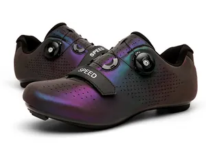 Macro detail of iridescent mountain bike shoes with rotary buckle and SPEED strap