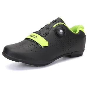 Matte black and green cycling shoes with breathable laser holes and rotary buckle